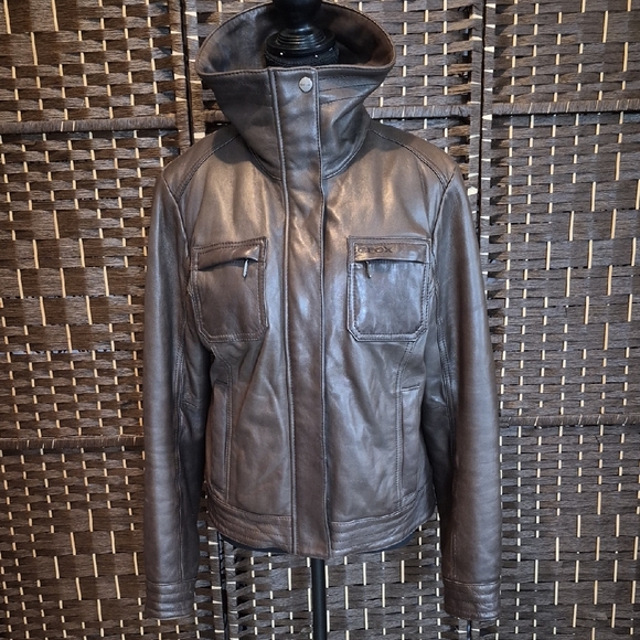Geox Dark Brown Leather Jacket with  Fur Trim - Picture 5 of 12